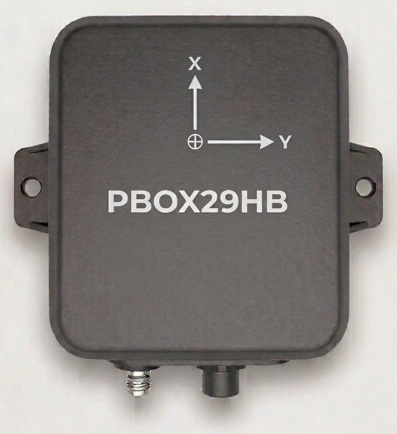 PBOX29HB GNSS RTK receiver: a black enclosure with two mounting tabs, the X/Y axis reference frame printed on the lid, and the antenna connector underneath.